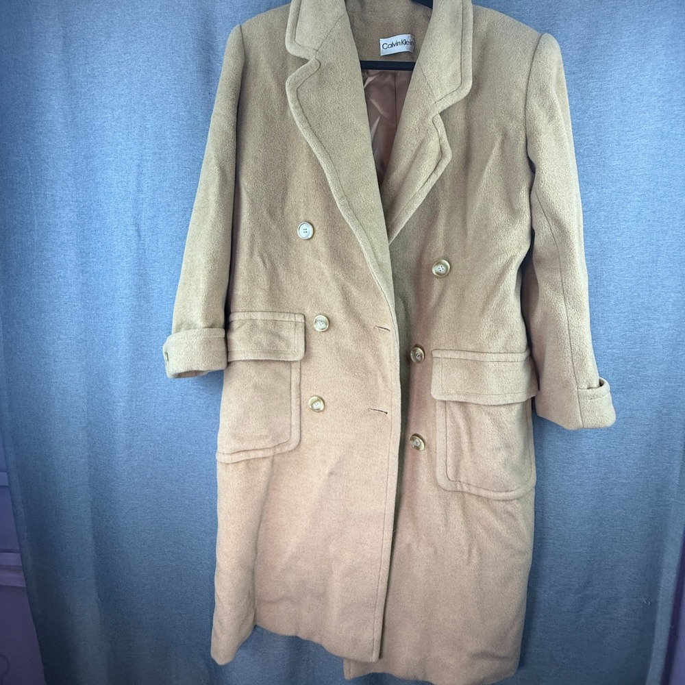 Calvin Klein Vintage Camel Hair Wool Double Breasted Long Coat Tan Womens 6